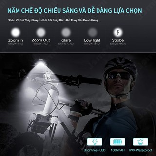 Đèn pha xe đạp sạc USB có 5 chế độ chiếu sáng