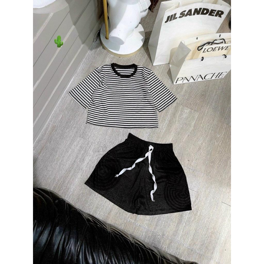 set bộ áo croptop sọc ngang tay ngắn quần short đùi đen thun gân
