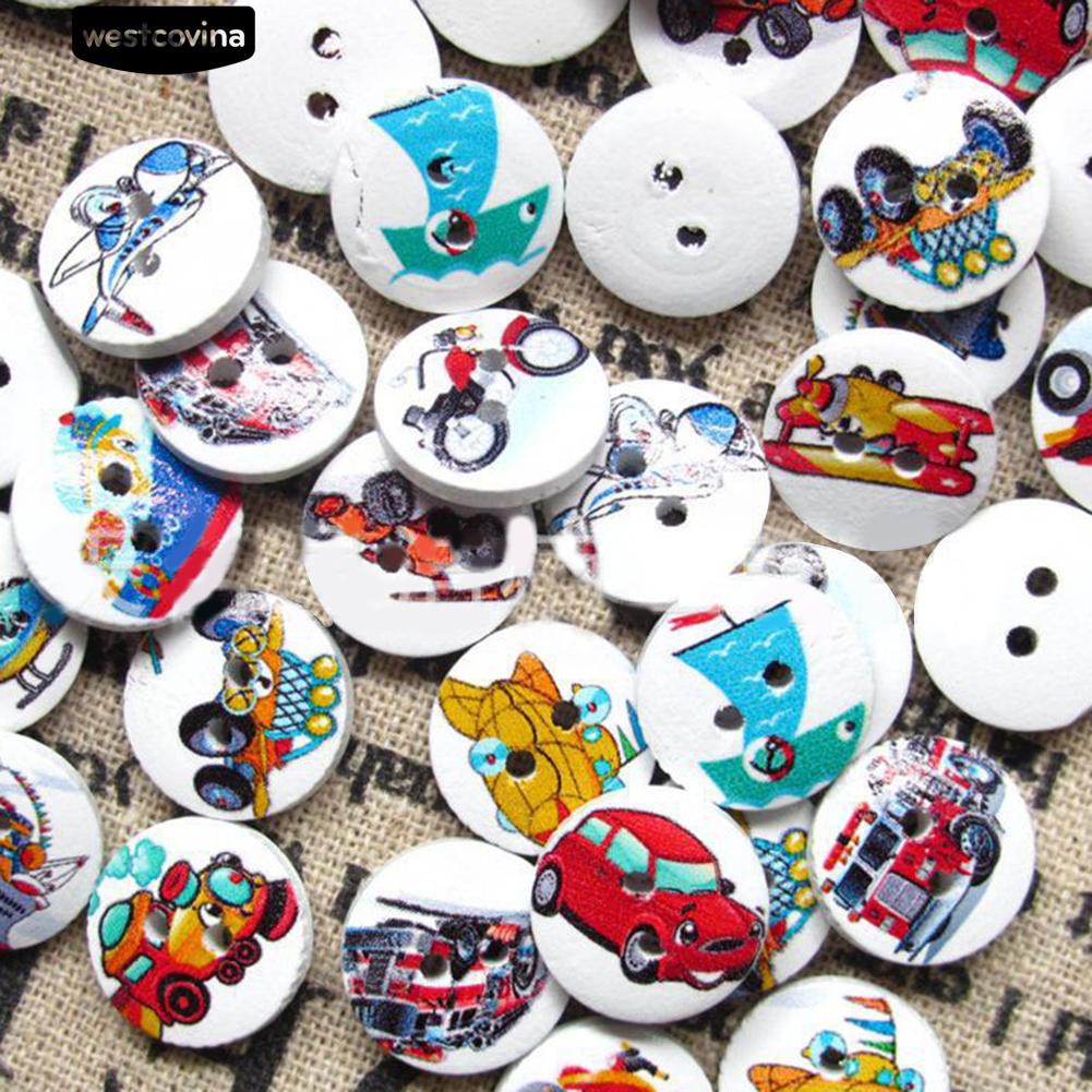 Set 100 Nút Gỗ Họa Tiết Hoạt Hình Đáng Yêu Làm Đồ Thủ Công