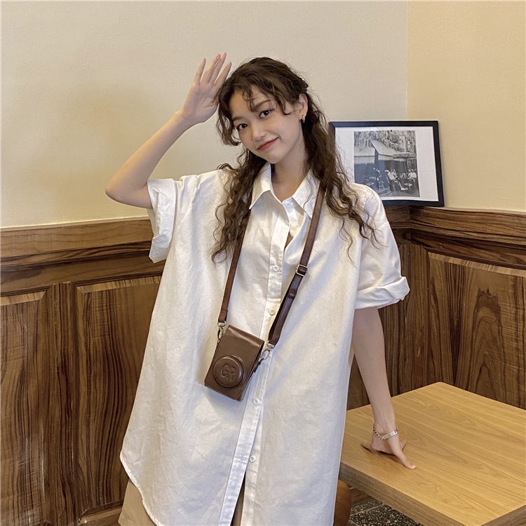 Áo sơ mi tay ngắn thêu hình gấu đơn giản phong cách retro dành cho nữ