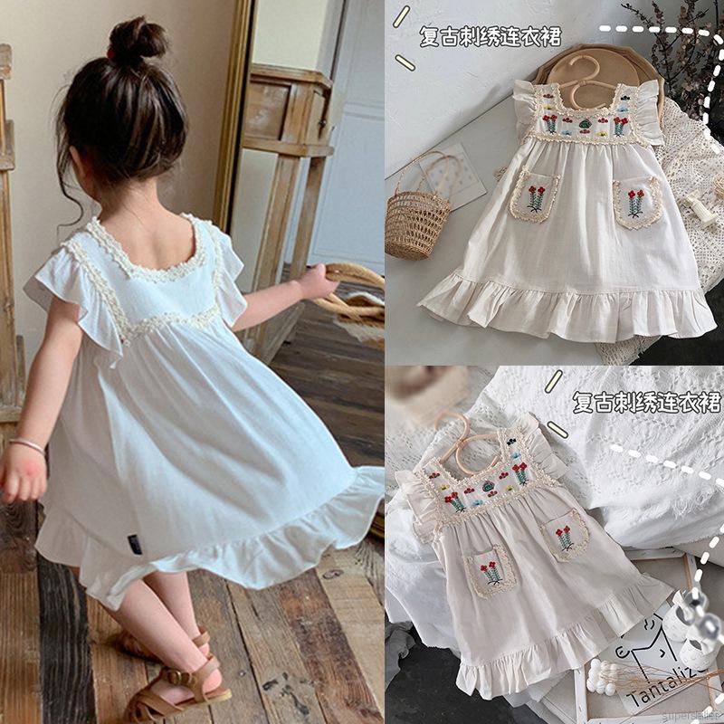 Đầm Cộc Tay Thêu Họa Tiết Đáng Yêu Hợp Thời Trang Dành Cho Bé 1-6 Tuổi