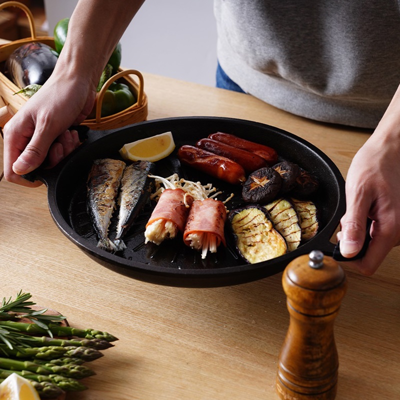 Round roasting plate household 27cm uncoated iron plate barbecue plate grilled meat fried steak multi-function suitable