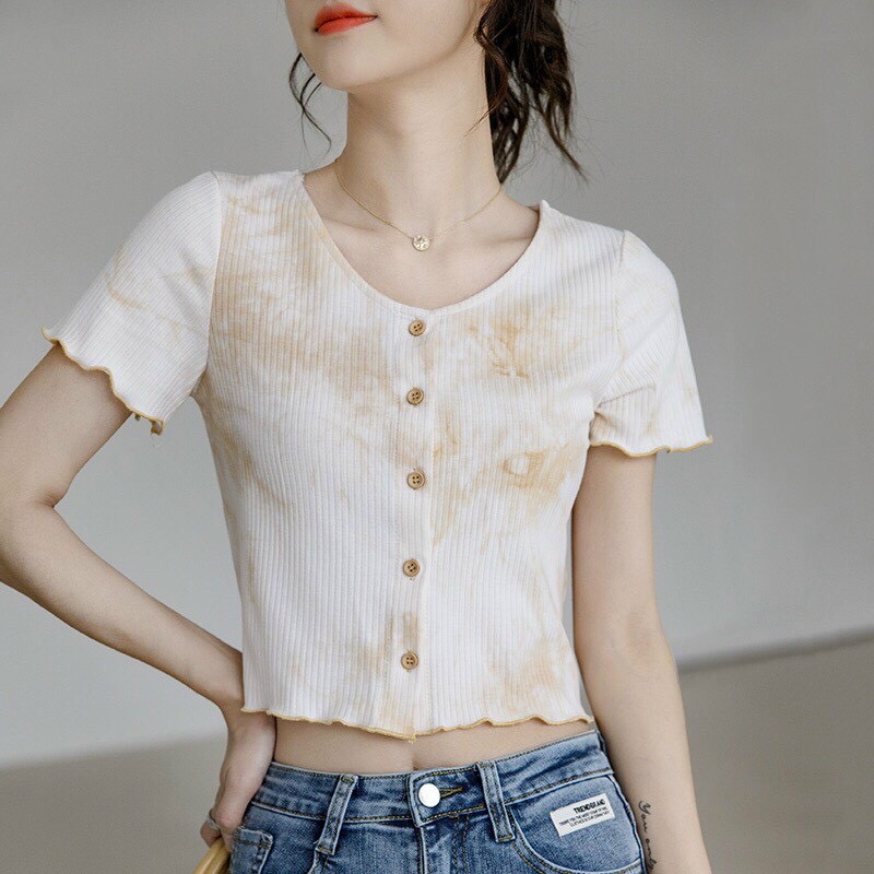 Áo Croptop Loang Viền Bèo Mee Store - Phông Thun Loang Nhiều Màu Nữ Dáng Ôm Cuốn Viền Cổ Tim Ulzzang