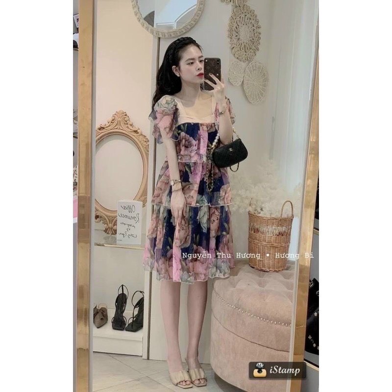 VNU246 - VÁY HOA TƠ XƯỚC 3 TẦNG CỔ VIỀN BE | BigBuy360 - bigbuy360.vn