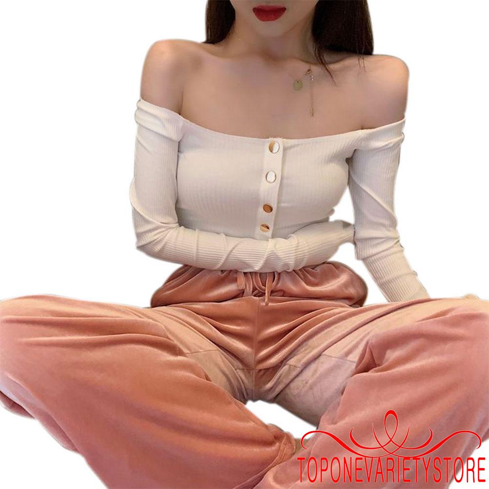 Áo Thun Nữ Dài Tay Trễ Vai Màu Trơn Quyến Rũ