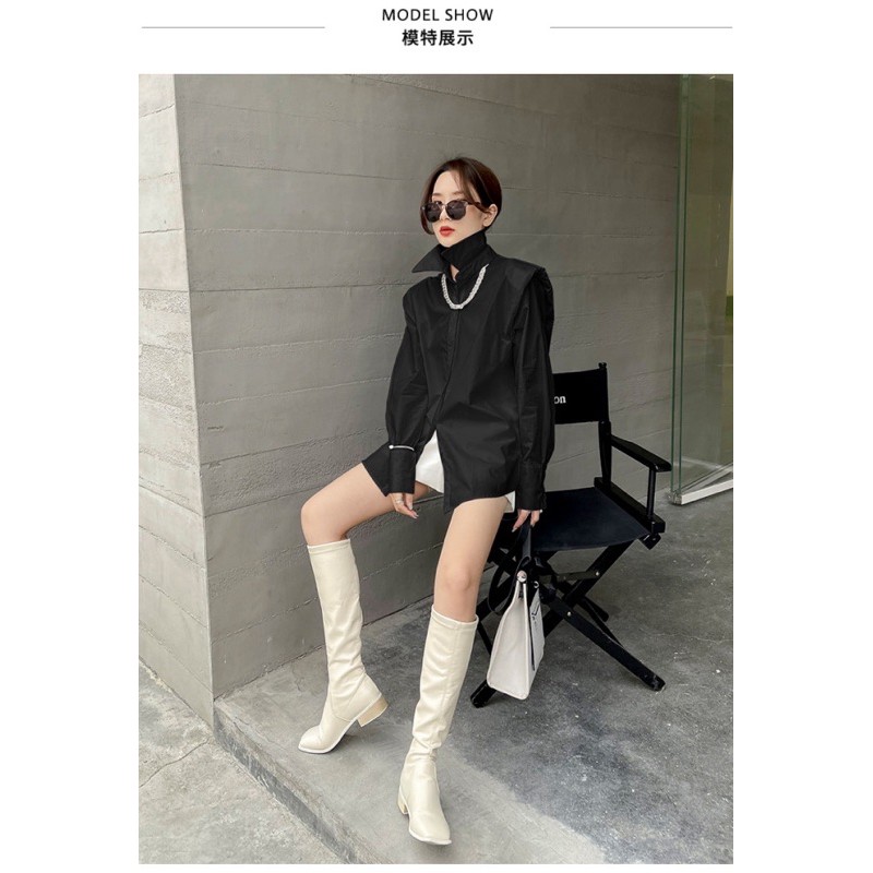 Áo sơ mi dáng dài độn cầu vai koreastyle