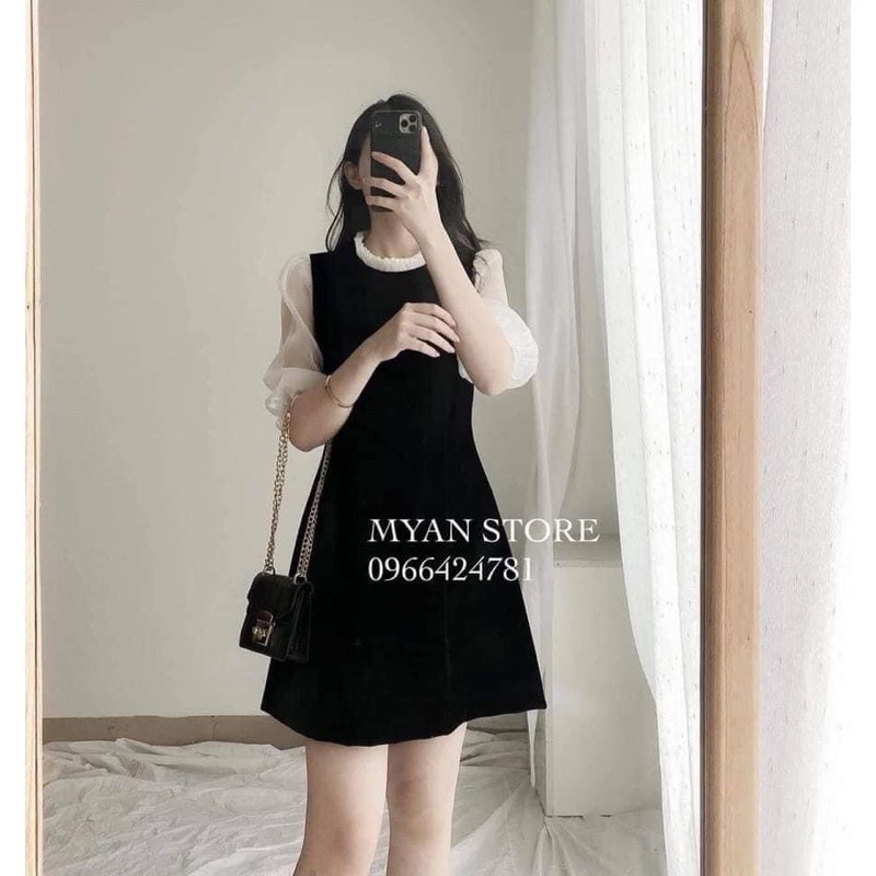 Đầm 🌸𝑭𝑹𝑬𝑬𝑺𝑯𝑰𝑷🌸 Váy tay lỡ đen phối ren dáng suông vải sạn xốp siêu đẹp  HOLA.STORE