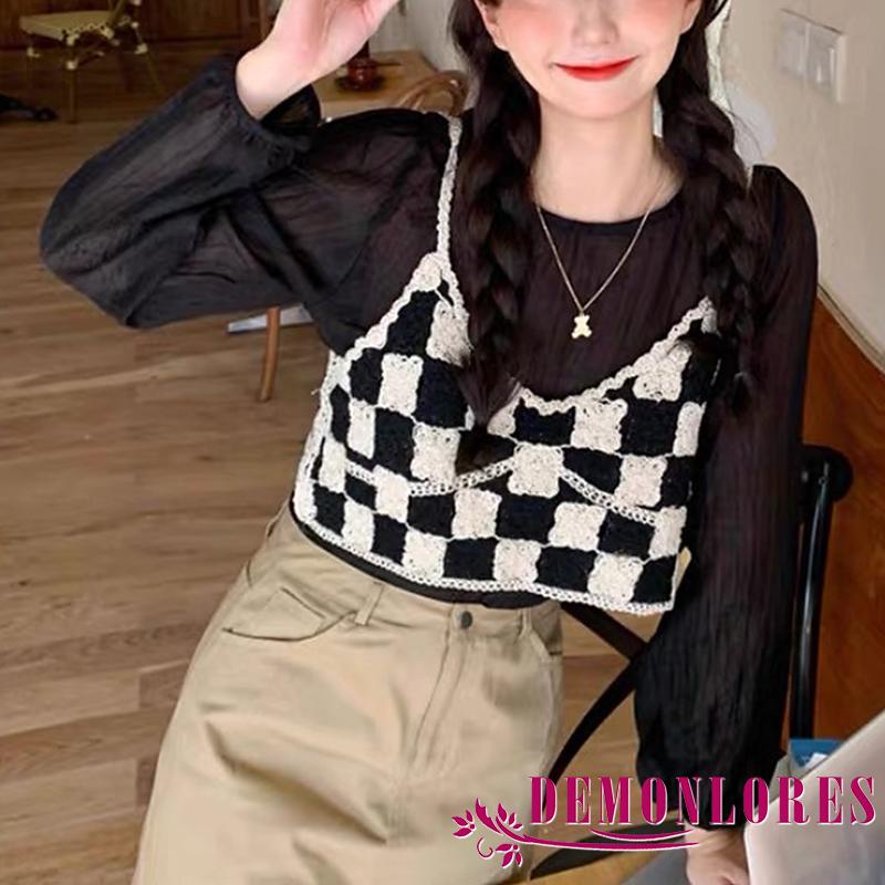 Áo croptop hai dây dệt kim họa tiết sọc caro thời trang quyến rũ dành cho nữ