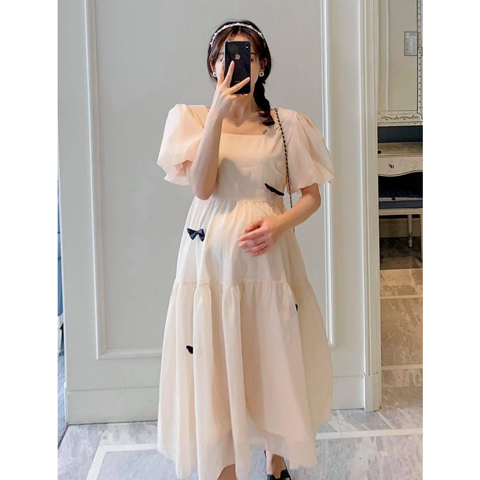 Đầm bầu ngắn tay cổ vuông gắn nơ M448 vải lụa tơ hai lớp freesize Mom and Baby