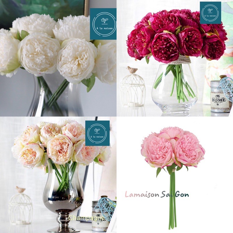 Hoa giả - Bó 5 cành hoa mẫu đơn lụa cao cấp 33cm, Hoa cô dâu, hoa decor trang trí