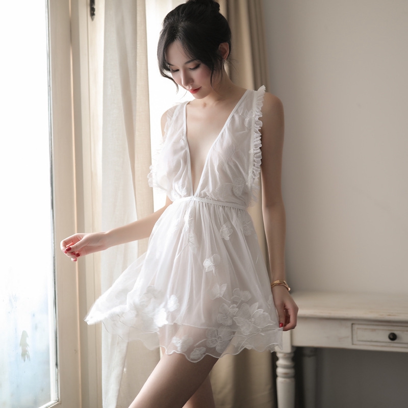 Floral embroidered dress Sexy pajamas sexy lace pajamas piercing fashion female dress with two strings white | BigBuy360 - bigbuy360.vn