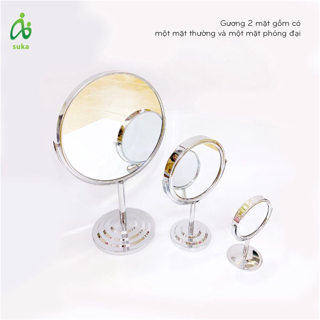 Gương để bàn trang điểm, gương soi hai mặt inox xoay 360 độ nhiều kích cỡ