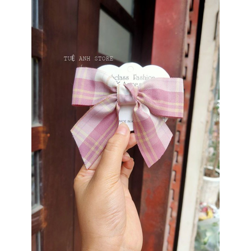 B415 Kẹp tóc nơ kẻ xinh xắn dành cho bạn gái