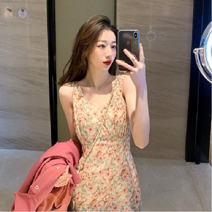 Đầm Voan Dài Qua Gối Cổ Chữ v Xẻ Tà Họa Tiết Hoa Nhí Xinh Xắn Hợp Thời Trang