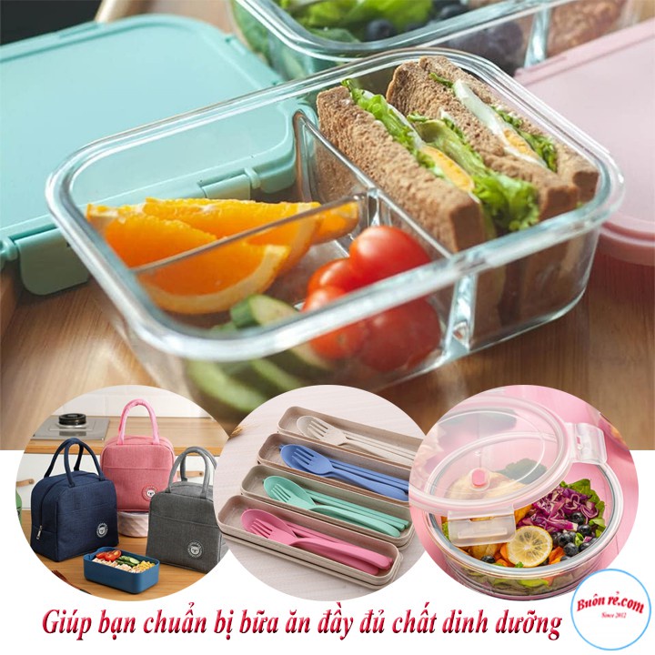 Combo Cơm văn phòng Hộp cơm thủy tinh 3 ngăn 1000ml / Hộp nhỏ 400ml / Túi đựng cơm /Bộ đũa thìa dĩa chất liệu lúa mạch