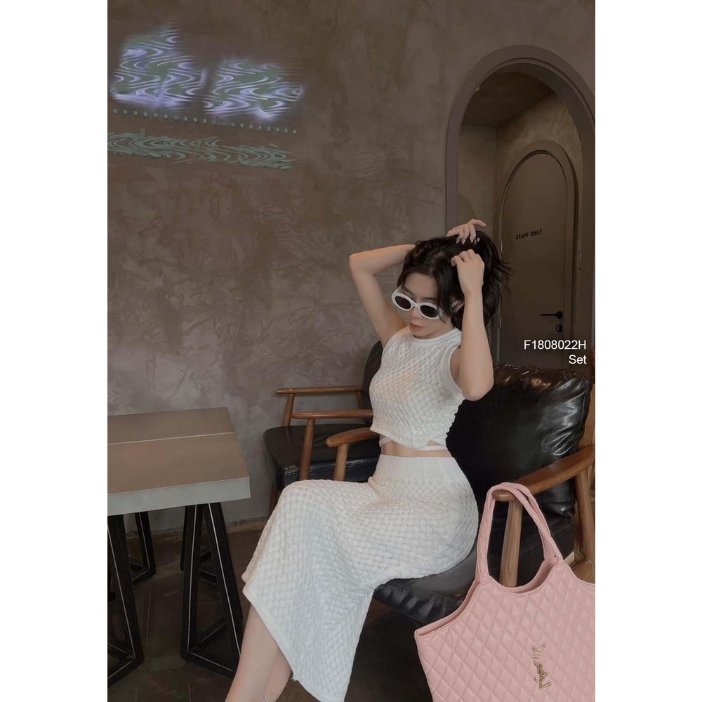 Set len áo croptop cột dây eo sát nách+ chân váy ôm dáng dài!