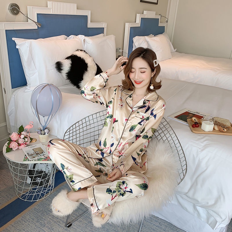 Set đồ ngủ dài tay vải lụa lạnh mỏng nhẹ in họa tiết thời trang xuân thu dễ thương cho nữ