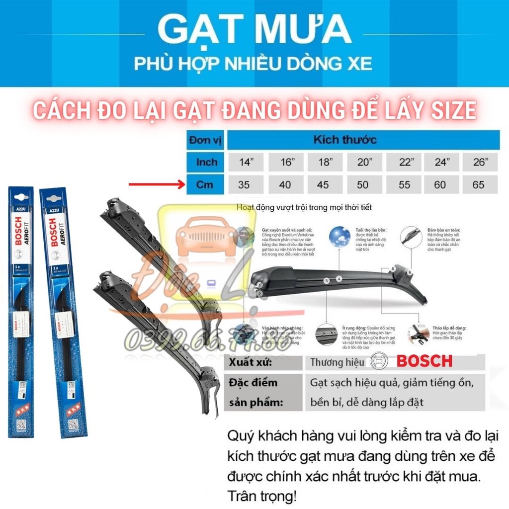 Gạt mưa ô tô không xương silicon Bosch Aerofit chính hãng cao cấp cho các dòng xe (giá 1 cái)