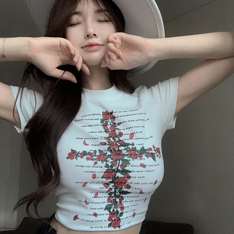 Áo Thun Nữ Ngắn Tay Cổ Tròn In Hình Hoa Hồng