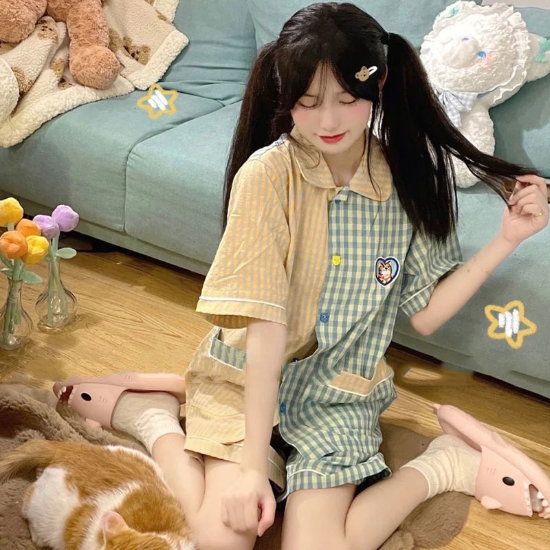 Bộ Đồ Ngủ Ngắn Tay Họa Tiết Kẻ Sọc Thời Trang Mùa Hè Mới Cho Nữ