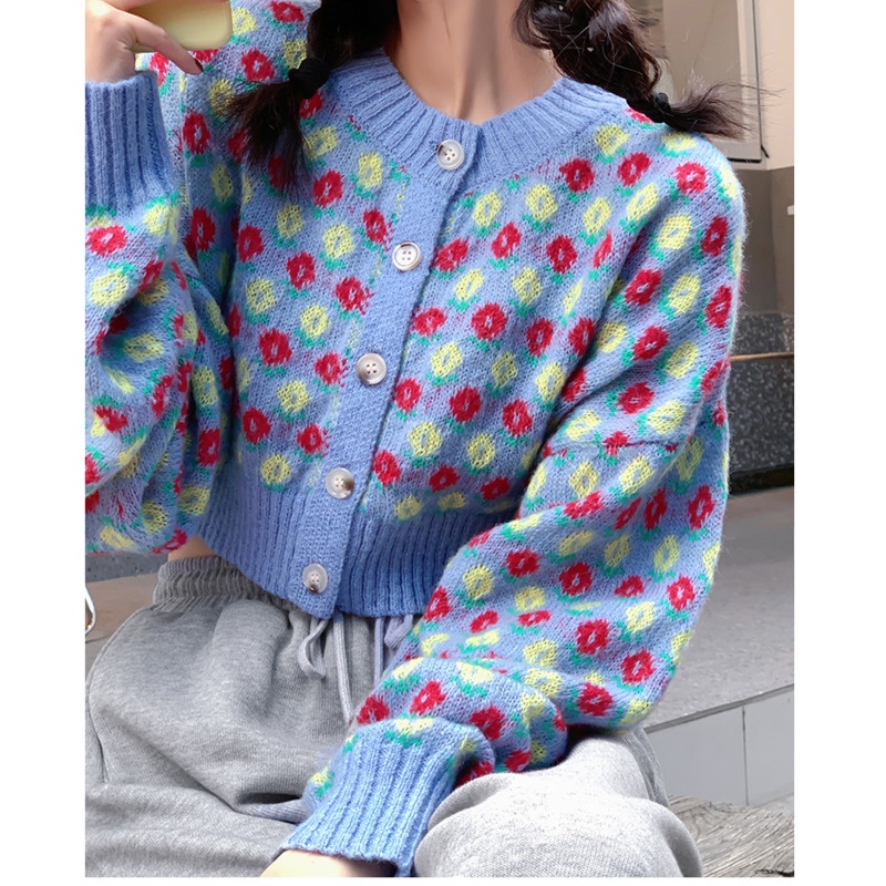 Áo khoác len cardigan họa tiết hoa ngọt ngào
