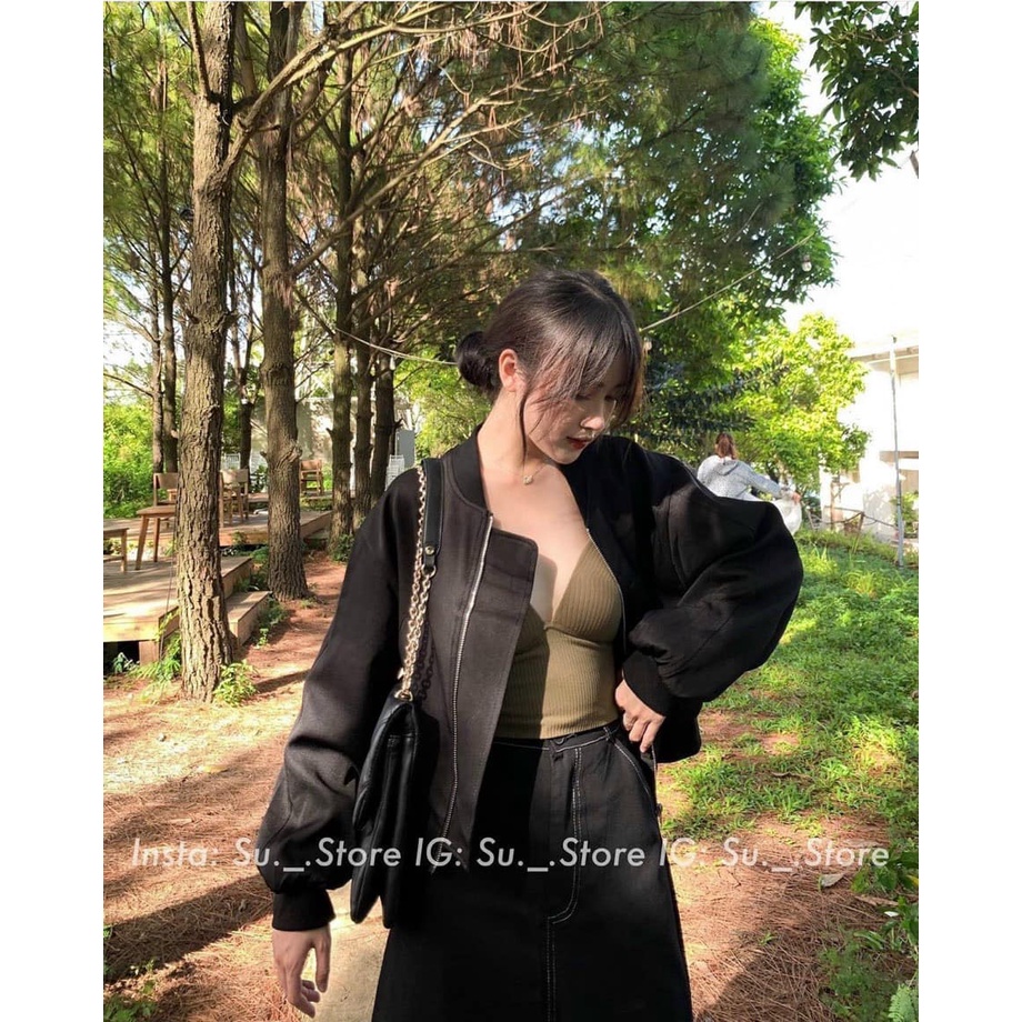 Áo khoác gió bomber jacket đen có khoá kéo