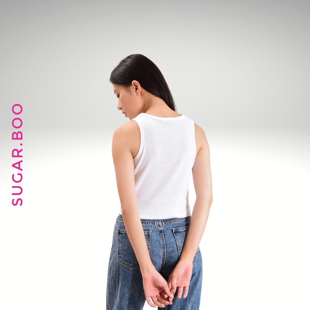 Áo croptop Sugar.Boo ba lỗ nữ cổ cao sát nách form ôm body tank top dáng ngắn vải thun cotton co giãn tốt màu trắng. M3T