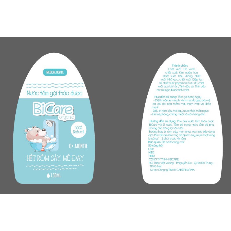 Nước tắm gội thảo dược Bicare Organic hết rôm sảy, hăm da, mẩn ngứa chai 150ml