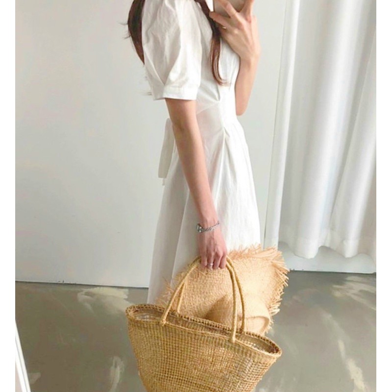 Đầm váy midi cổ tròn thắt nơ 4 màu