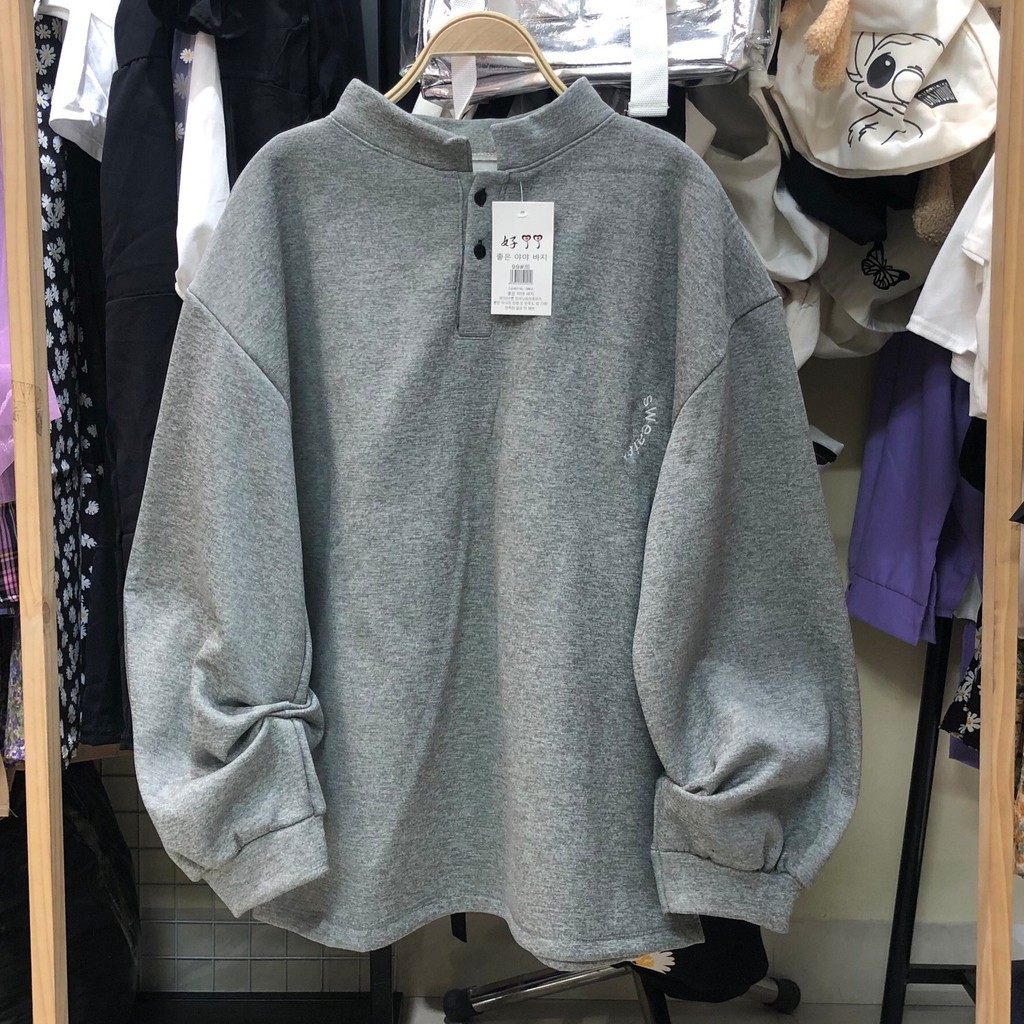 ÁO SWEATER XÁM CÚC CỔ CỰC NGẦU - Áo Nỉ Ngoại Tay Bồng Thêu Swt Đen Trắng Xám Unisex