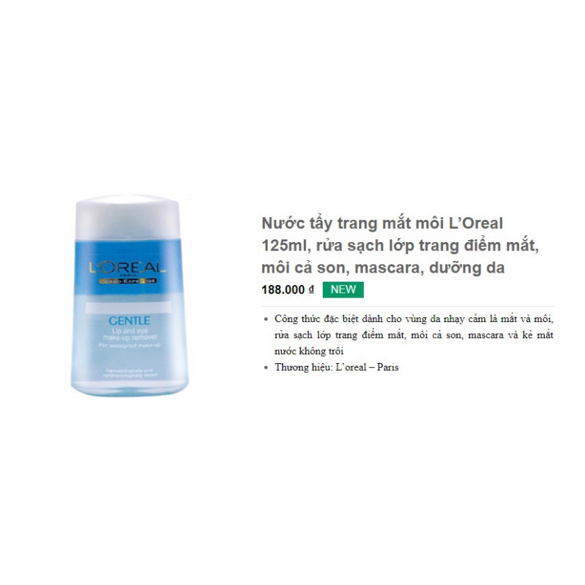 Nước Tẩy Trang Mắt Môi Loreal Dịu Nhẹ Cho Da 125ml Gentle Lip &amp; Eye Make up Remover