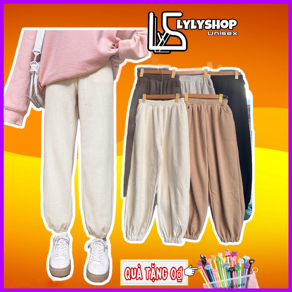 Quần nỉ trơn basic Lylyshop Unisex, kiểu quần jogger bo gấu chất vải nỉ tăm dày dặn freesize dài 90cm