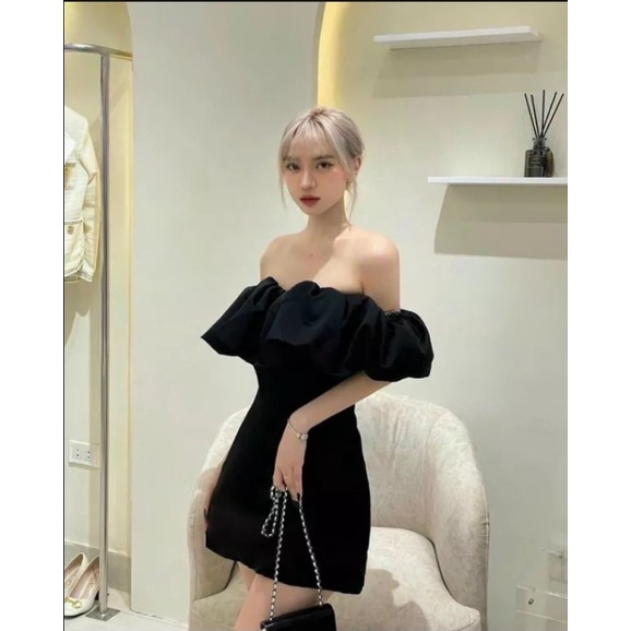 Đầm tiểu thư đi tiệc trễ vai, đầm ôm body trễ vai sang chảnh, váy body tôn dáng đơn giản hai màu trắng đen quyến rũ