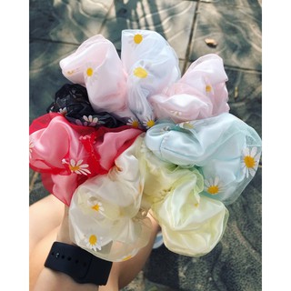 SCRUNCHIES - Dây Cột Tóc Lưới 2 Lớp Hoạ Tiết Hoa Cúc Daisy, Phong Cách Hàn Quốc. Hàng loại 1