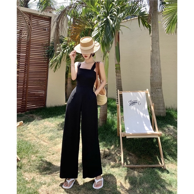 Set jumpsuit nữ áo hai dây quần ống suông kèm áo khoác blazer dáng croptop cut out ở lưng