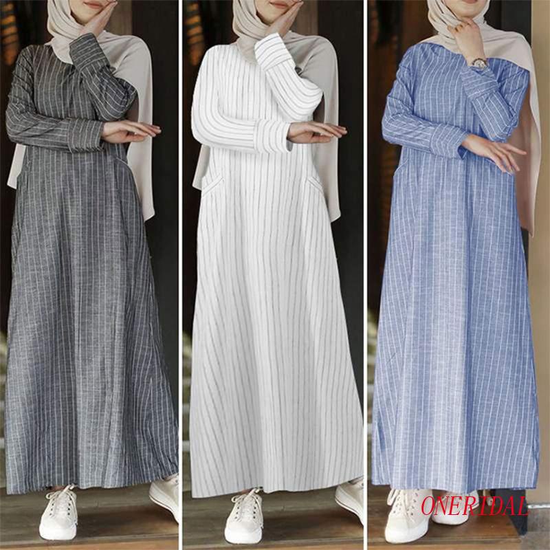 Đầm Maxi Chữ A Tay Dài Bằng Vải Cotton Lanh In Họa Tiết Sọc Ngang Phong Cách Abaya Thổ Nhĩ Kỳ Dành Cho Phụ Nữ Hồi Giáo