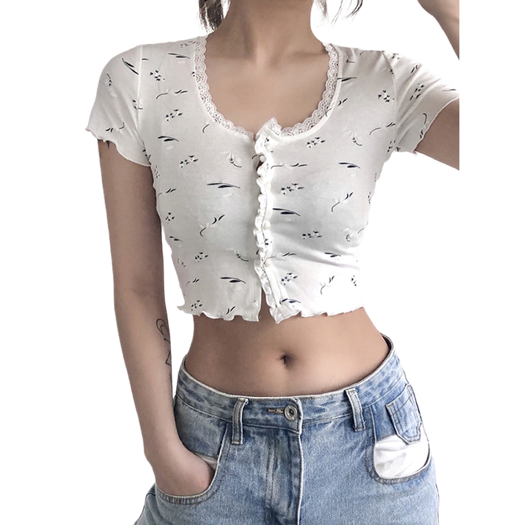 Áo Croptop Tay Ngắn In Họa Tiết Thời Trang Mùa Hè Dành Cho Bạn Nữ