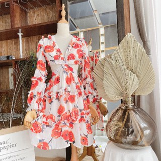 ĐẦM HOA CỔ V PHỐI BÈO CUTOUT EO 10296