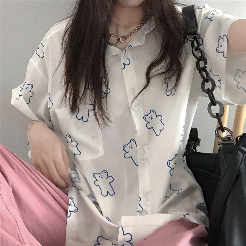 Áo Sơ Mi Tay Ngắn In Hình Gấu Phong Cách Hàn Quốc Thời Trang Dành Cho Nữ