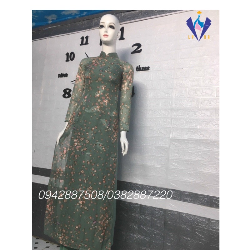 Áo dài hoa nhí đẹp, áo dài von tơ ép hoa nhí màu xanh 4 tà lót lụa