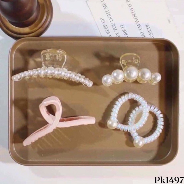 Sét 5 Kẹp Tóc Hàn Quốc Siêu Xinh Gồm 3 càng cua 2 dây buộc đính hạt