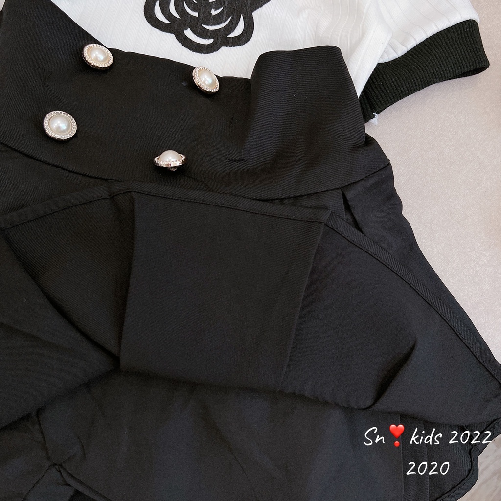 Sét váy tiểu thư cho bé gái, set áo tăm đũa hoa trà đen phối chân váy xòe xếp ly ( có lớp lót) cho bé sz 10-32kg