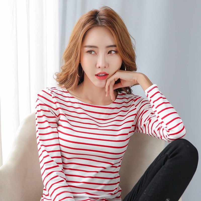 Áo Thun Cotton Tay Dài Dáng Ôm Họa Tiết Kẻ Sọc 6 Màu Tùy Chọn Size S-5XL Thời Trang Mùa Thu Cho Nữ