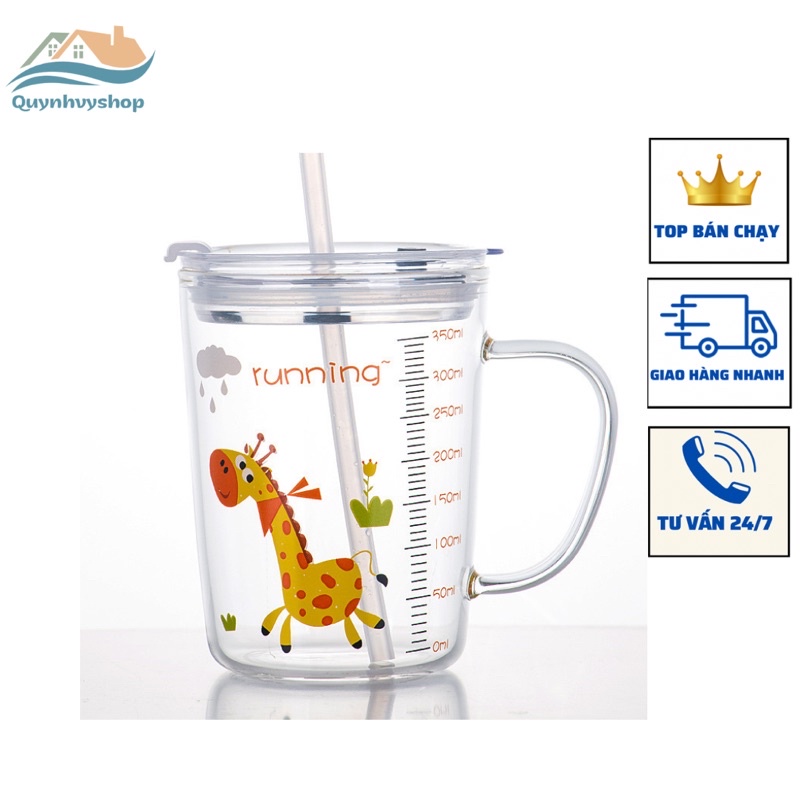 Cốc Pha Sữa Thủy Tinh Chia Vạch  350ml Kèm Ống Hút