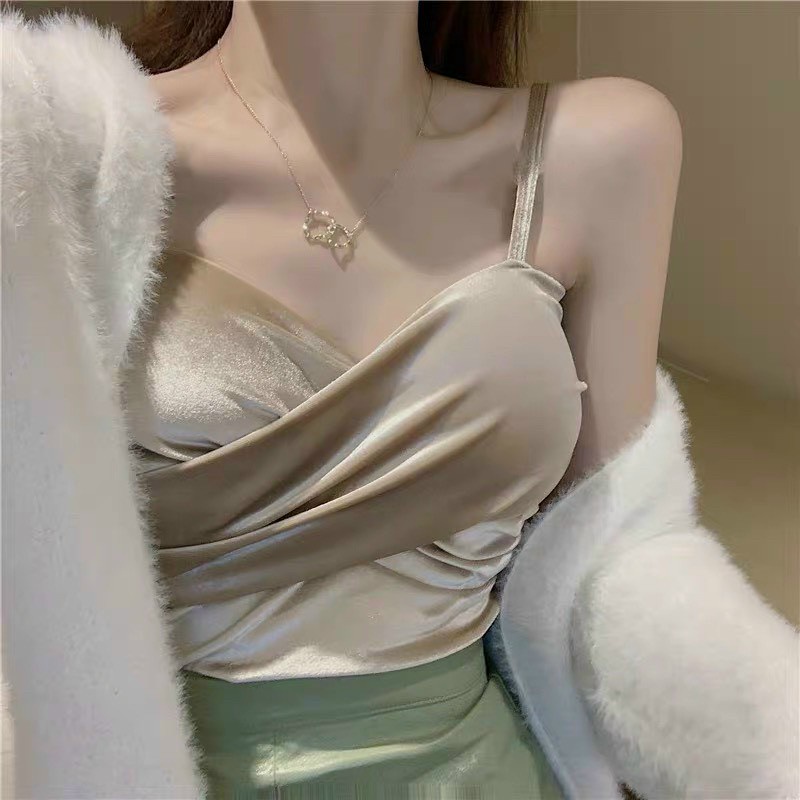 Áo bra nhung dáng dài, áo nữ 2 dây croptop sexy bra có mút  xoắn ngực dây mảnh hàng Quảng Châu cao cấp.