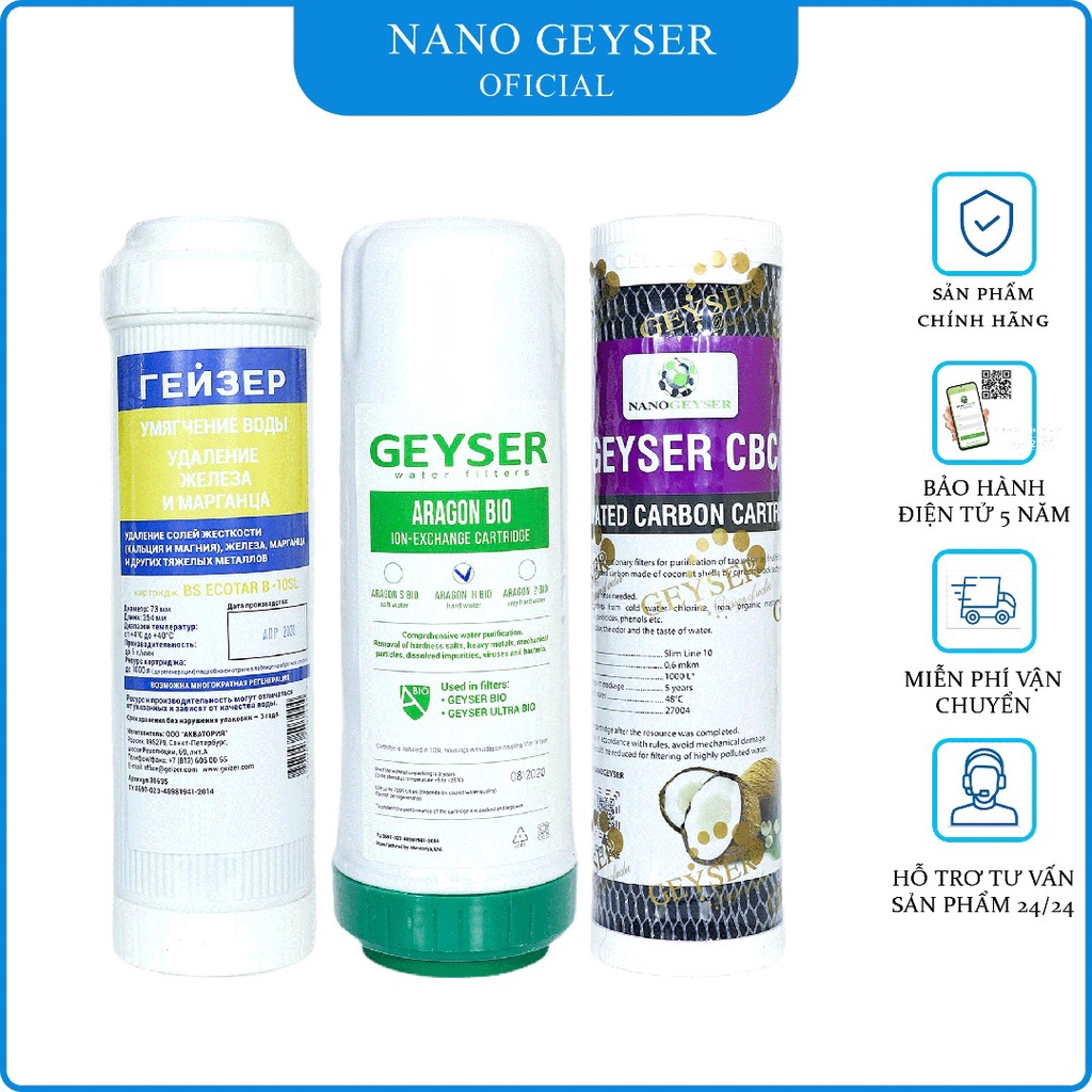 Bộ 3 lõi lọc 123 Nano Geyser dùng cho máy lọc nước Geyser Ecotar 6, Ecotar 8, Eco Max, Geyser Max