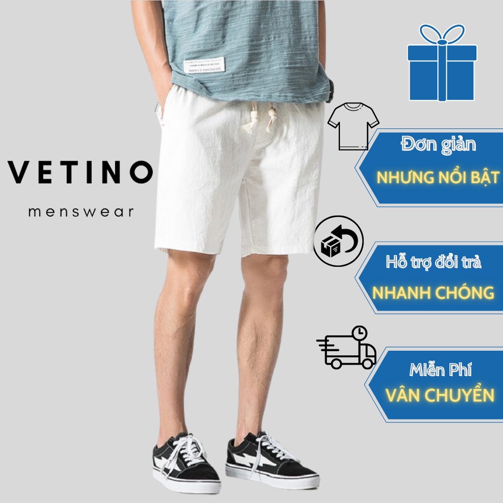 Quần sooc đũi nam VETINO chất đũi mềm mát, quần short ngắn kiểu dáng thể thao có dây rút