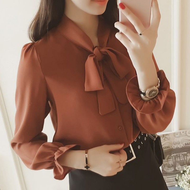 Áo Kiểu Tay Dài Chất Chiffon Phối Nơ Thiết Kế Thanh Lịch Cho Phái Nữ