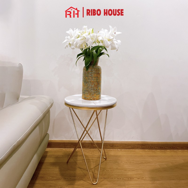 Bàn trà sofa RIBO HOUSE mặt đá tròn hình vân mây khung kim loại sơn tĩnh điện nội thất phòng khách cafe ban công RIBO50