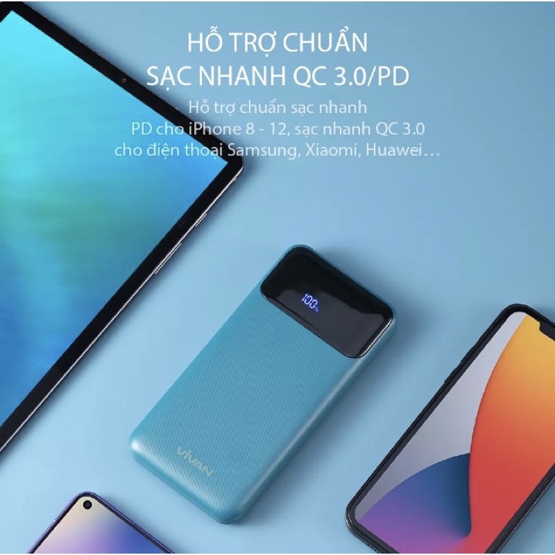 Sạc dự phòng Vivan VPB-X10 dung lượng 10.000mAh. Hỗ trợ sạc nhanh QC 3.0 - 2 cổng sạc ra USB-A & Type-C nhỏ gọn